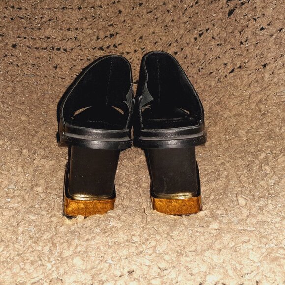 KAT MACONIE-JILLY-Black Leather Mules-Gold Heel-Peep-Toe-Sz 37-6.5 US-Excellent - Picture 5 of 8